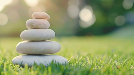 Smooth stones stacked on green grass with soft sunlight bokeh. Meditation, relaxation, and balance concepts.