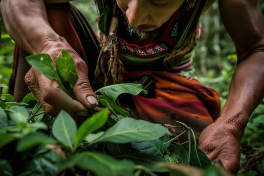 Shaman in Amazon rainforest picks Ayahuasca plant. Traditional medicine used in rituals. Indigenous healer collects leaves, branch in jungle environment.