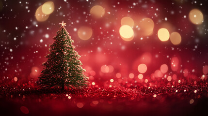 Świąteczne tło w intensywnym odcieniu czerwieni, kt&oacute;re wprowadza w klimat Bożego Narodzenia. W centralnej części znajduje się pięknie udekorowana choinka.