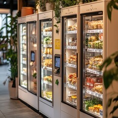 Micro market (small automated unmanned vending store) full of food stands in office, coworking, lobby or hotal hall. Soft focus. Automated food business theme
