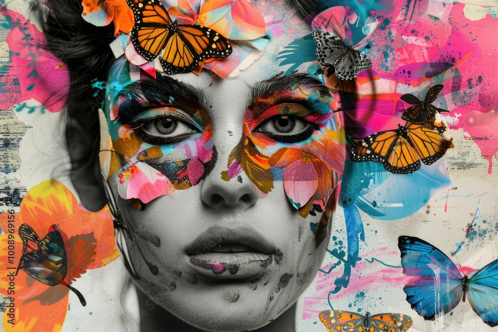 Aufkleber A monochromatic portrait of a woman with artificial butterflies attached to her face, suitable for use in creative projects or as a unique visual element