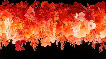  A cluster of vibrant red and orange blossoms dangling against a dark background, framed by a central black element