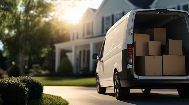 A sleek white van, back doors open, filled with brown cardboard boxes, sits in the driveway of a large suburban house, with movers starting to unload items for delivery.