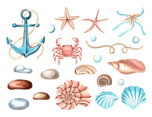 Underwater decor collection. Anchor with starfishes, crab and seashels with pebbles. Set of watercolor hand drawn illustration isolated. Mediterranean and tropical sea theme. Clipart for print, card.