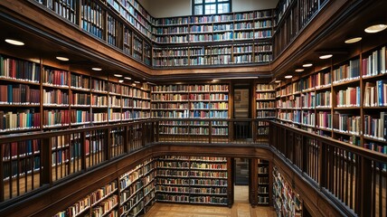 A beautiful interior view of a large library featuring wooden shelves filled with colorful books, inviting reading spaces, and natural light.