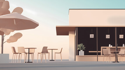 Fototapeta premium 3D illustration of a modern minimalist coffee shop landscape. Architectural design perspective, construction of a fantasy building.