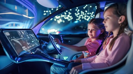 Children sit in a self-driving car. Artificial intelligence autopilot system controls the vehicle. Smart navigation and electronic controls inside. Future transportation technology concept.