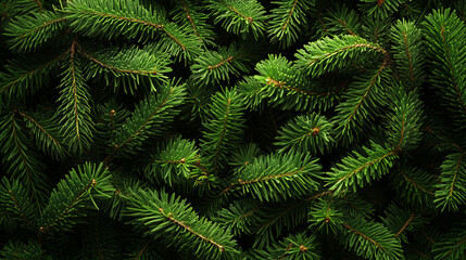 Obraz premium Tło składające się z gęstych gałęzi choinki, pokrytych soczystą zielenią, wprowadza świąteczny klimat.