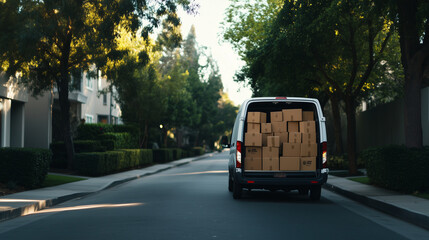 Obraz premium A delivery van parked on a tree-lined street with its back doors open, displaying boxes packed tightly inside, ready for the dayâs deliveries to neighborhood homes.