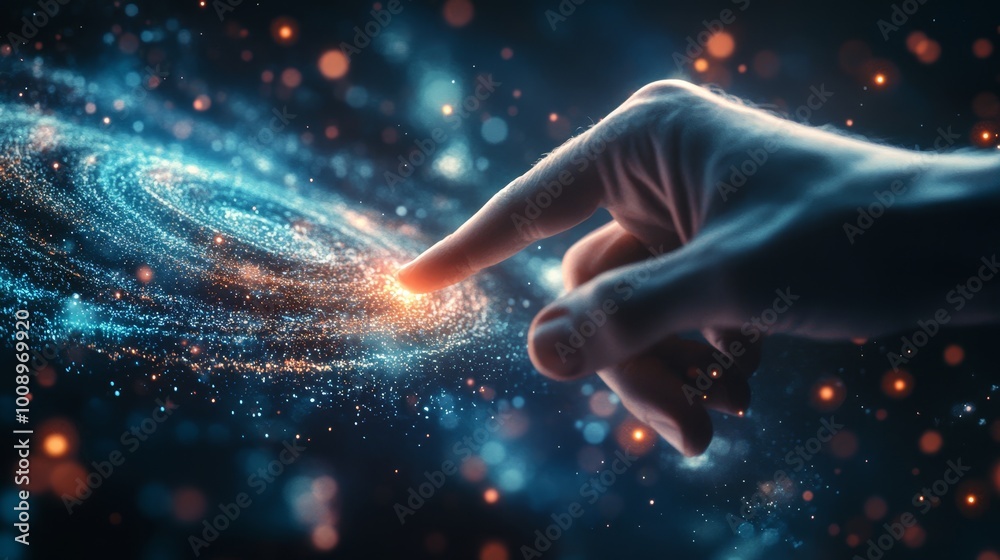 Wall mural a hand touching a glowing and abstract representation of the cosmos or space filled with stars and e