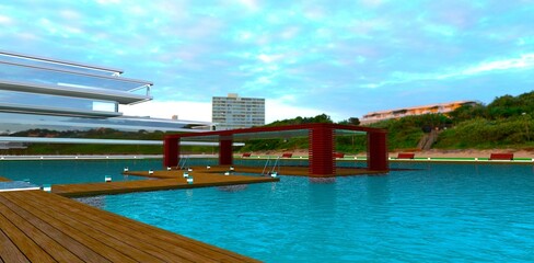 Cozy wooden patio in the water on the grounds of a country hotel located on a sandy oceanfront. 3D rendering.