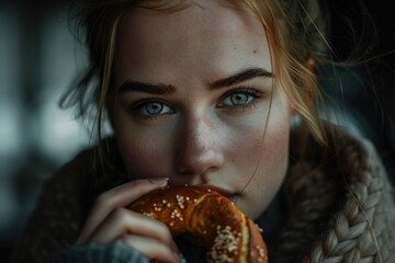 Naklejka premium A woman enjoys a tasty pretzel covered in colorful sprinkles