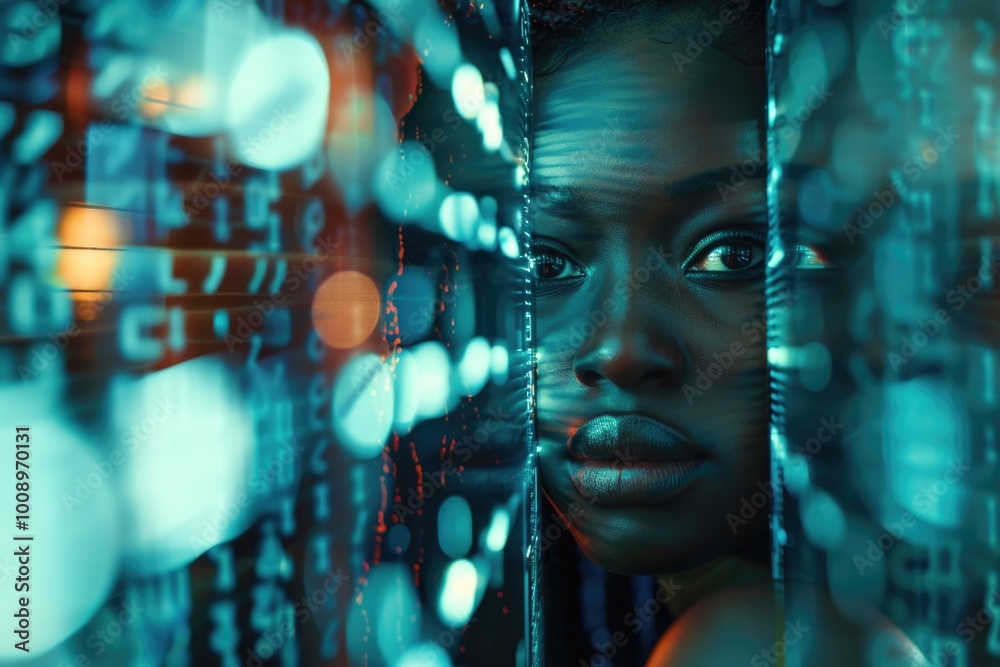 Poster a person standing in front of a chain link fence, looking out or trying to get attention