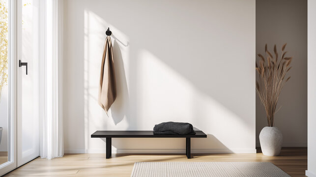 Modern entryway featuring a single black wall hook with a scarf hanging, minimalist decor, and an uncluttered floor space. Soft natural light fills the scene