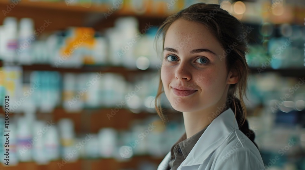 Poster A woman stands in front of a shelf filled with various bottles, possibly searching for something or organizing the contents