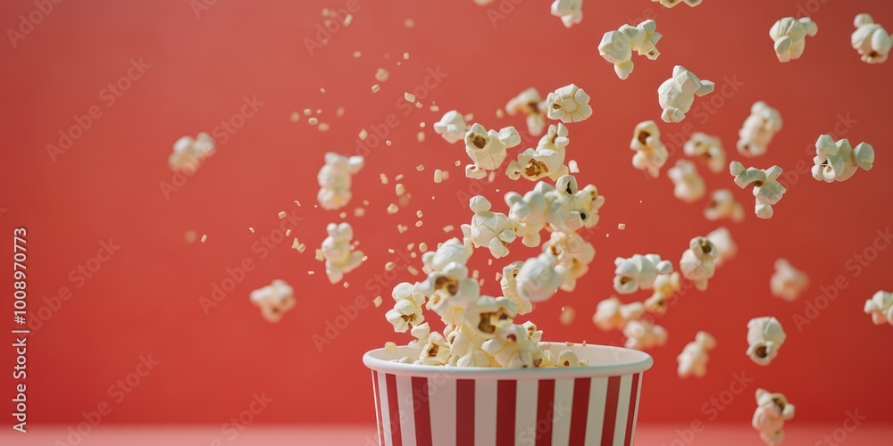 Poster a striped cup filled with popcorn sits on a table, ready for snacking