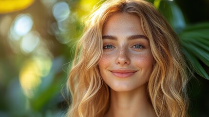 Happy Young Woman with Long Blonde Hair Smiling in a Tropical Garden