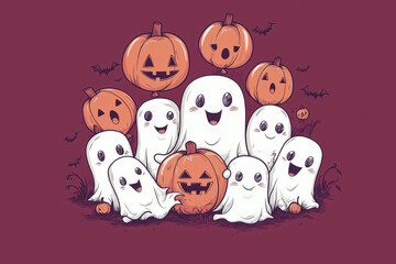 Fototapeta premium Banner or card with group of white ghost sheet costumes on bright purple background. Magic cute spirits.