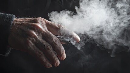 A close-up of an aged hand holding a cigarette with smoke swirling around in a dramatic, moody atmosphere.