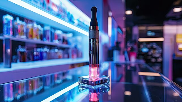 A close-up of a modern vape device illuminated with colorful LED lights on a reflective surface in a stylish vape shop.