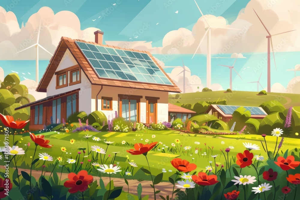 Poster a modern residential building with a solar panel installed on the rooftop, suitable for use in archi