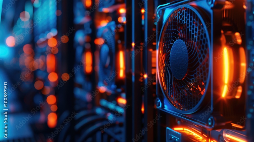 Aufkleber A close-up view of a fan inside a server rack, suitable for tech-related content and IT infrastructure illustrations