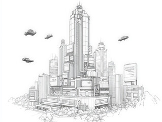 Fototapeta premium Futuristic Cyberpunk Cityscape Line Art Illustration