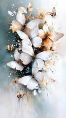   A vibrant depiction of white butterflies fluttering against a backdrop of azure and white, with a striking black butterfly at its center