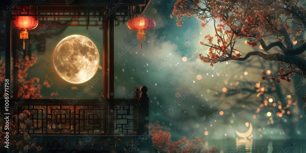 Aufkleber a peaceful night scene with a bright full moon shining down, ideal for use in backgrounds or as a fo