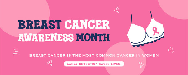 Breast Cancer awareness template illustration. Pink Ribbon with heart shape. Pink october month female healthcare campaign solidarity web template design. Pinktober flat vector cartoon illustration
