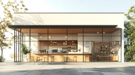 Obraz premium 3D illustration of a modern minimalist coffee shop landscape. Architectural design perspective, construction of a fantasy building.