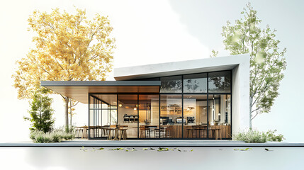 3D illustration of a modern minimalist coffee shop landscape. Architectural design perspective, construction of a fantasy building.