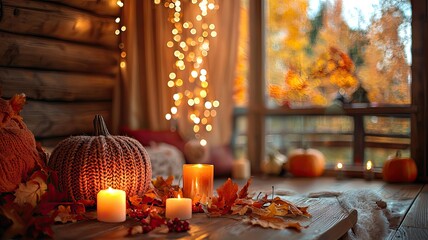 A cozy autumn scene with candles, pumpkins, and leaves, creating a warm ambiance for fall gatherings and celebrations.