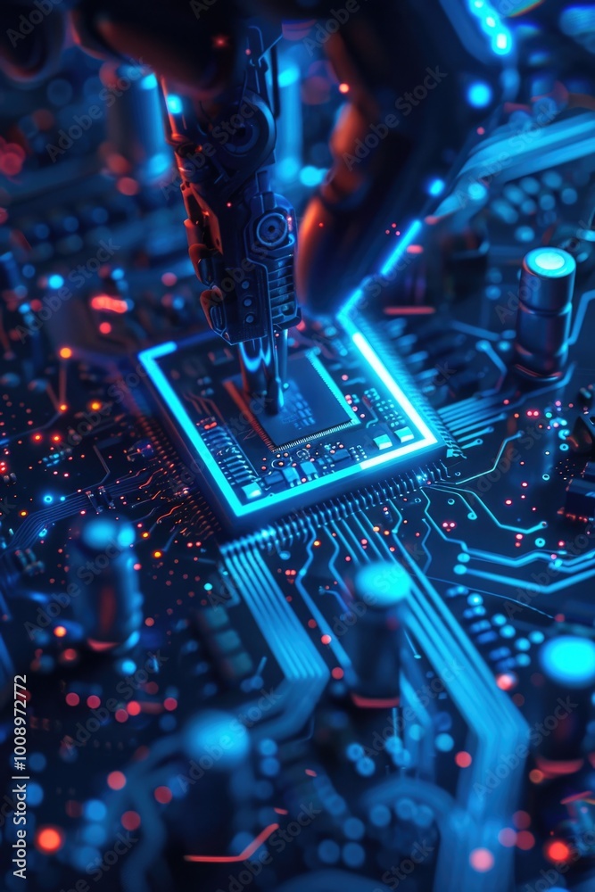 Poster person assembling electronic components on a circuit board