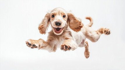 Fototapeta na wymiar Młody, energiczny pies z białym i brązowym umaszczeniem radośnie pozujący na białym tle.