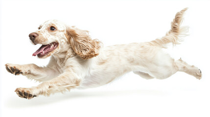 Fototapeta na wymiar Młody, energiczny pies z białym i brązowym umaszczeniem radośnie pozujący na białym tle.