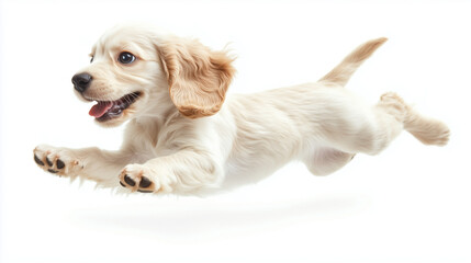 Fototapeta na wymiar Młody, energiczny pies z białym i brązowym umaszczeniem radośnie pozujący na białym tle.