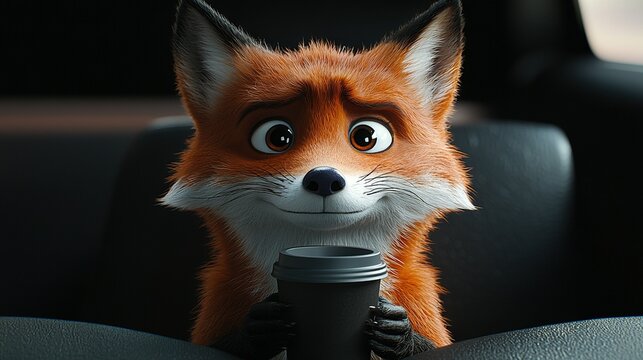   A detailed image of a  bear in a vehicle with a mug of java