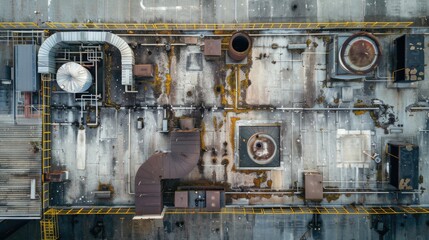 Abandoned industrial site with exposed pipes and rusted infrastructure
