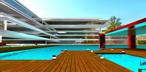 Wooden pier on the territory of a modern recently built residential complex in Rome. 3D rendering.