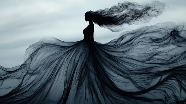   A woman in a long black dress with blowing hair faces an overcast sky