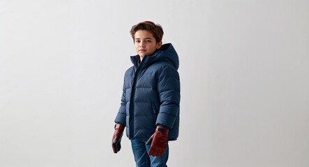 child in a cozy puffer coat and gloves stand