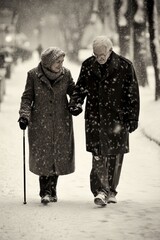 An elderly couple walks hand in hand through a snowy park, enjoying a serene winter moment.
