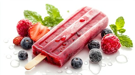 Refreshing berry popsicle with condensation, isolated on white