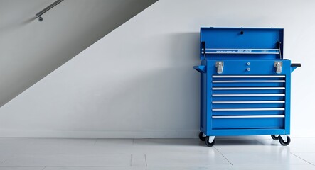 Bright blue tool chest resting on a clean white surface
