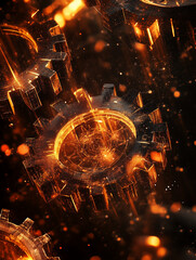 Fototapeta premium Warm tones gears with holographic networking and copy space on a black background