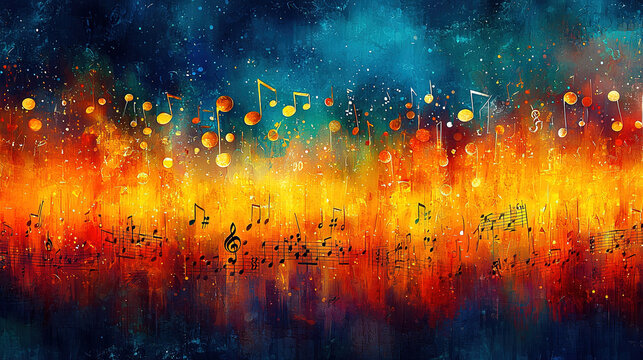   A vibrant painting of colored musical notes against a backdrop of blue, orange, and yellow with radiant dots emanating from above