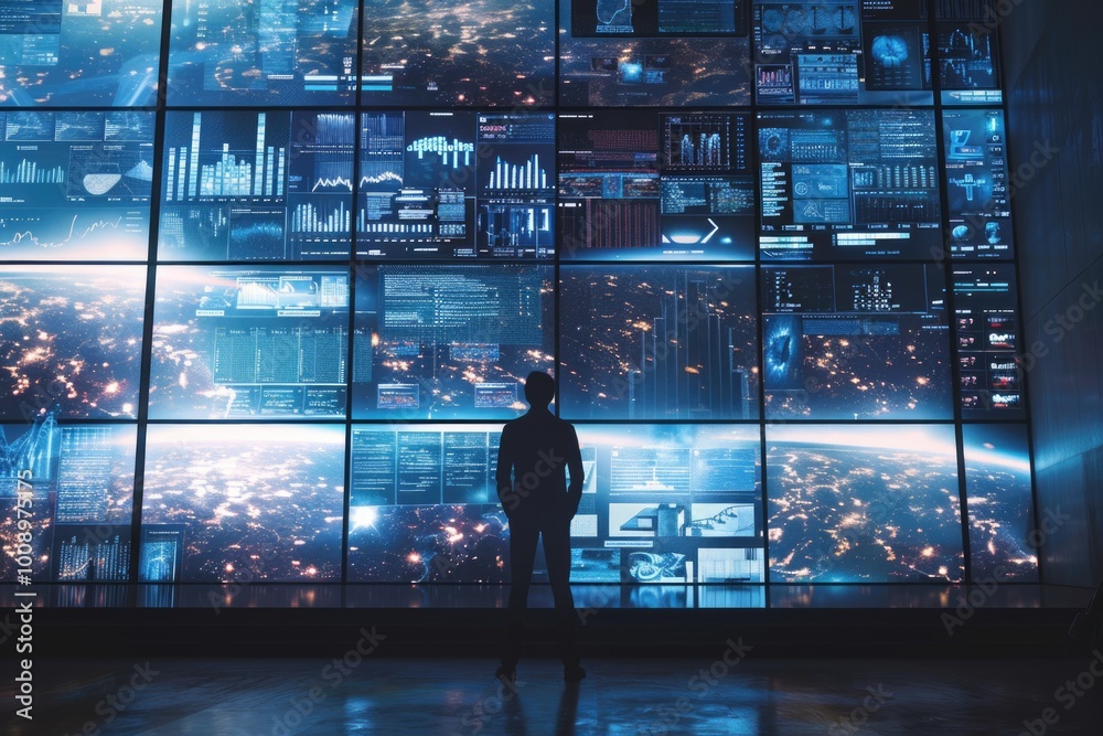 Poster a person stands in front of a large window with natural light and possibly a cityscape or landscape 