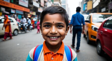 Content Indian kindergarten boy flashing a smile at the camera in a busy city setting