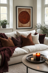 A Scandinavian-inspired living room with soft pastel tones, featuring an oversized framed wall art of boho-style abstract shapes and patterns in terracotta red